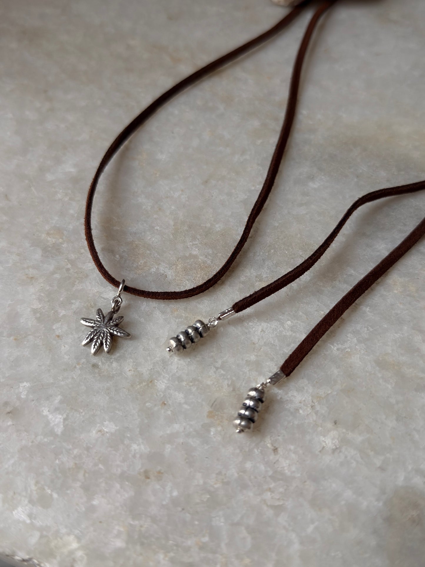 925 Sterling Silver Hemp Charm & Tribal Chunky Charm Tassel Leather Dark Brown Leather Cord Necklace