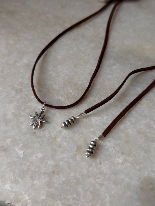 925 Sterling Silver Hemp Charm & Tribal Chunky Charm Tassel Leather Dark Brown Leather Cord Necklace