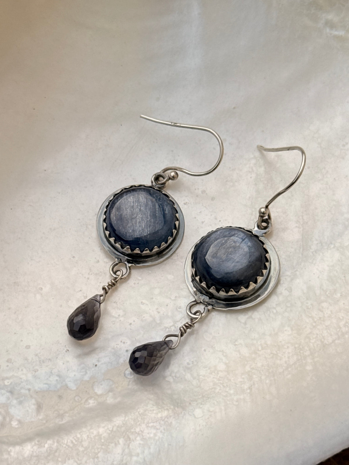 925 Sterling Silver Round Kyanite & Iolite Drop Gothic Rustic Handcrafted Hook Earrings