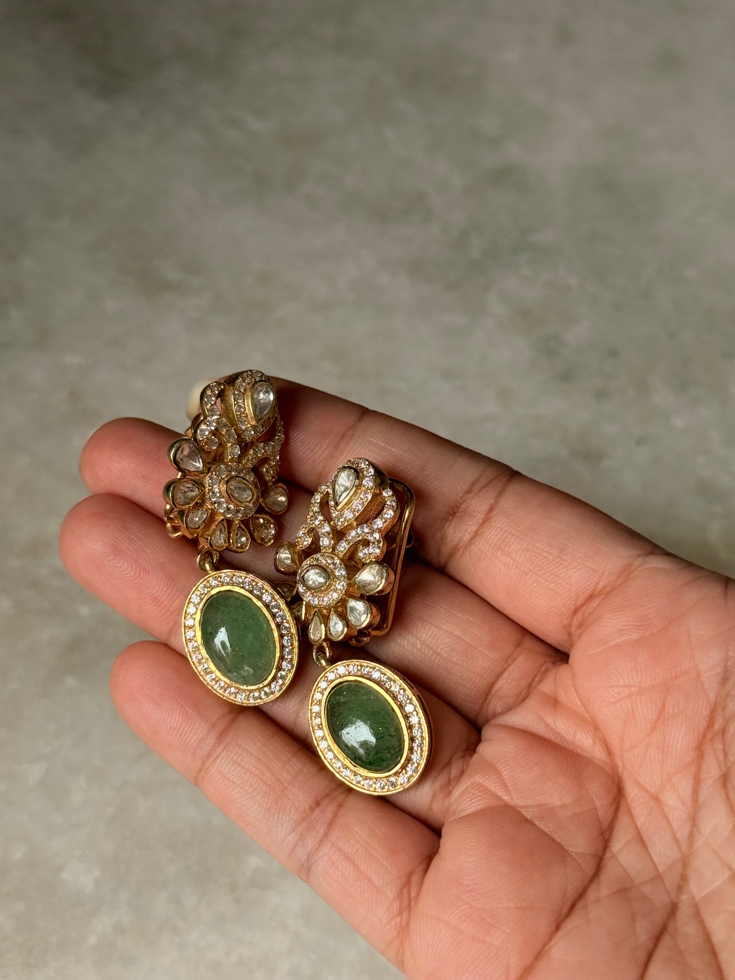 925 Sterling Silver Gold Plated Antique Moissanite Polki ,Green Onyx Oval Drop Earrings