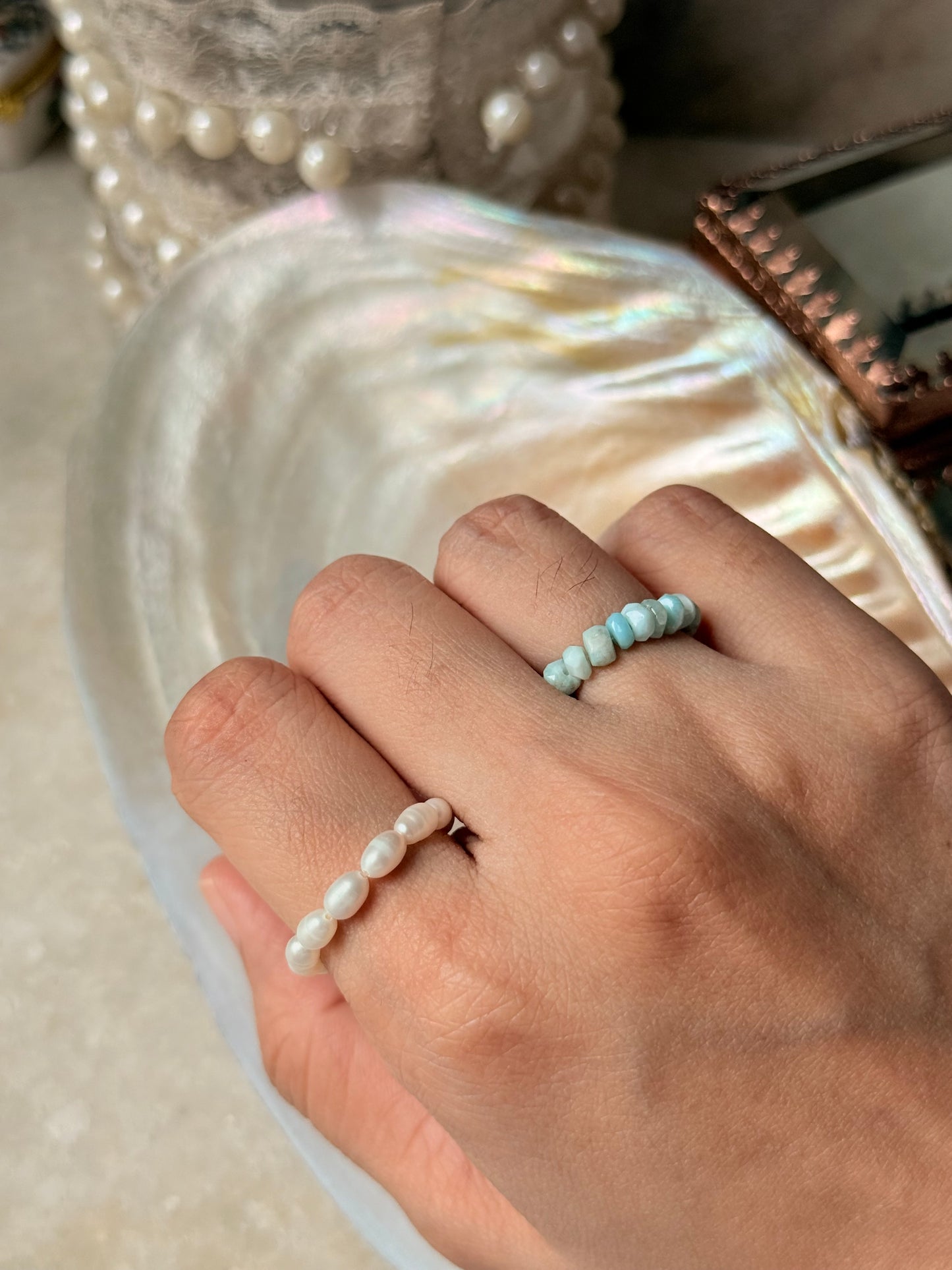 Natural Crystal Stretchy Larimar 3-4mm & Fresh Water Pearl Rings