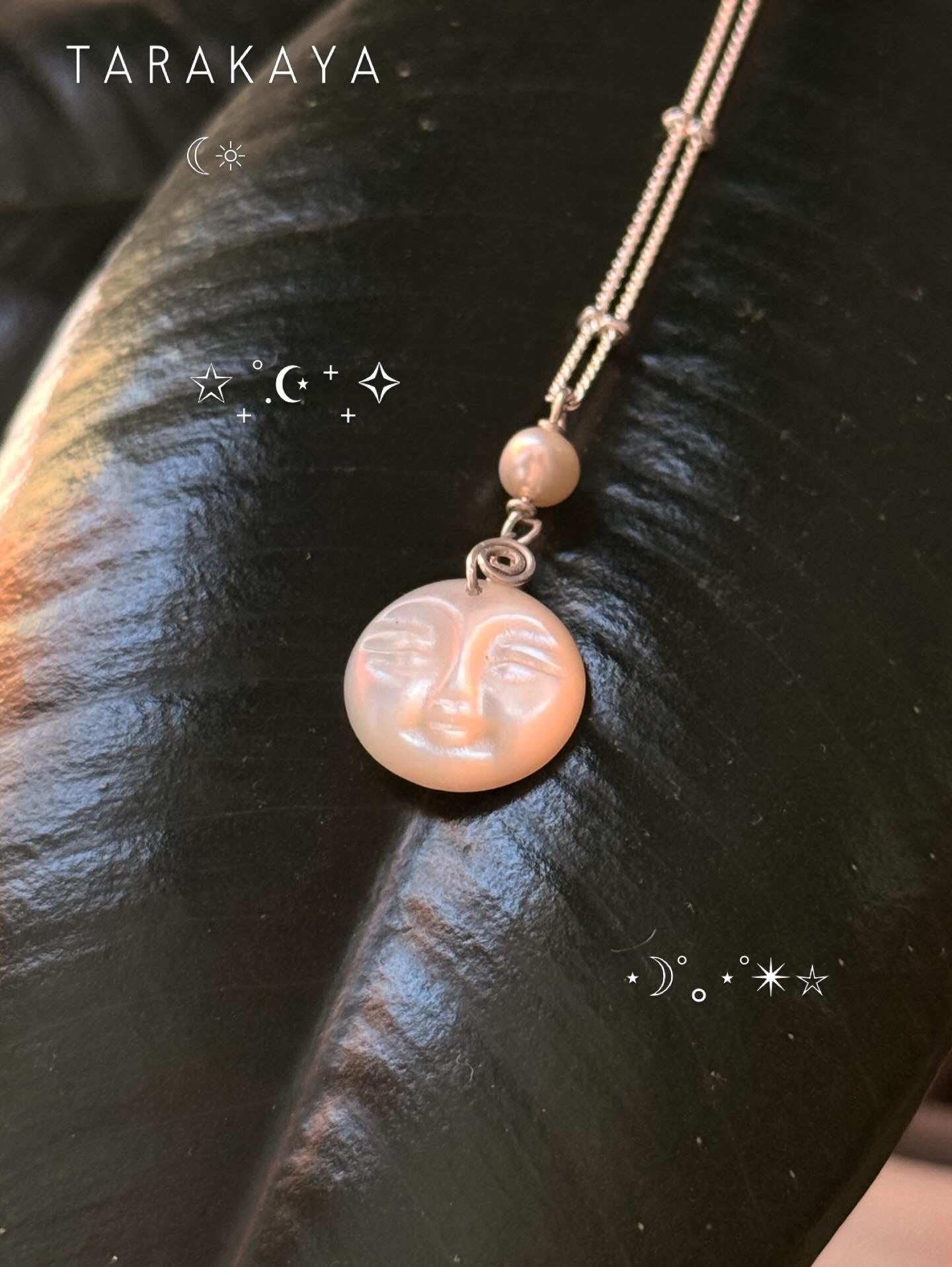 925 Sterling Silver Mother of Pearl Moon Face, Fresh Water Pearl Spiral Cable Dot Handcrafted Necklace