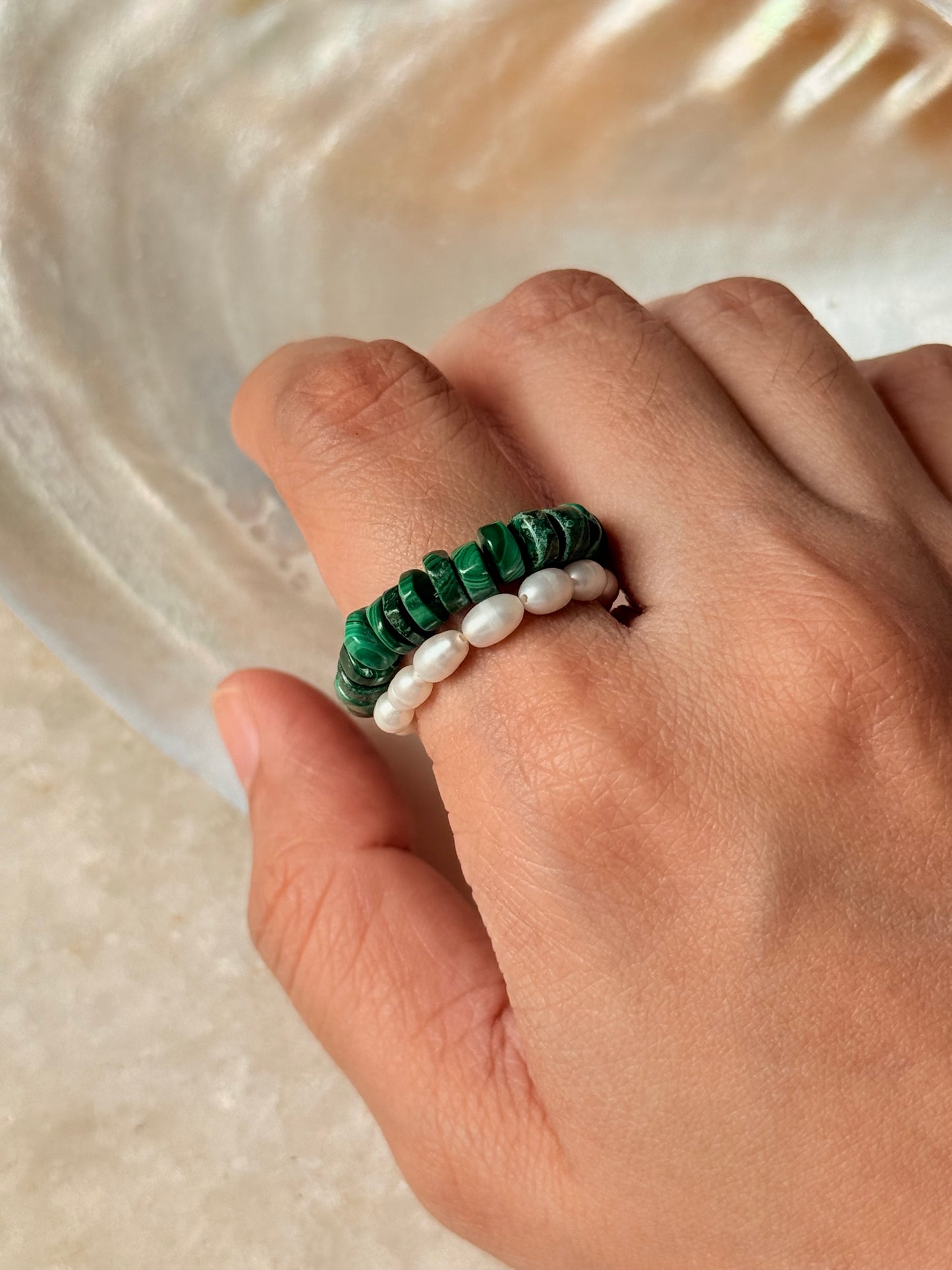 Natural Crystal Stretchy Malachite Flat 3-4mm & Fresh Water Pearl Rings