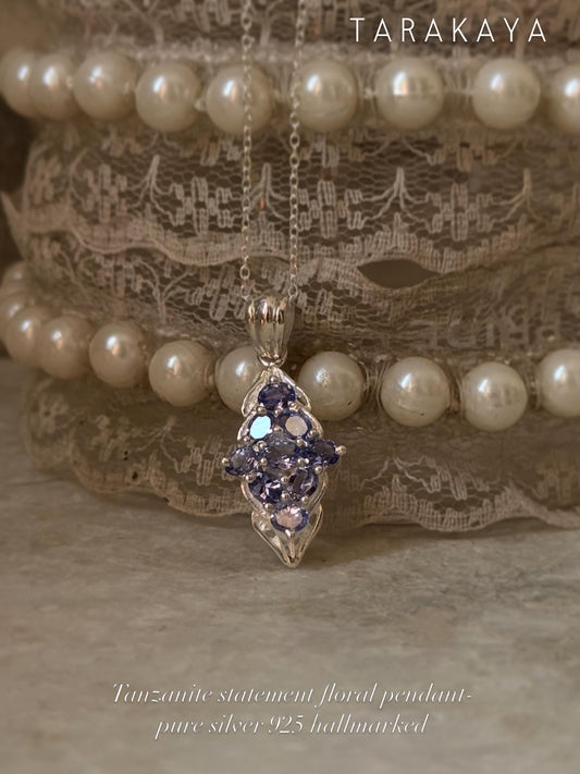 925 Sterling Silver Tanzanite leaf Flower Statement Pendant