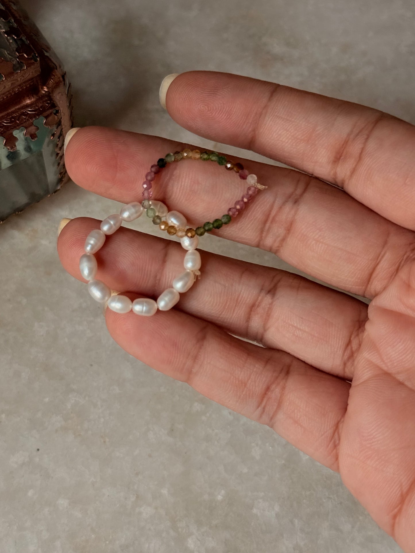 Natural Crystal Stretchy Fresh Water Pearls & Multi Tourmaline Rings