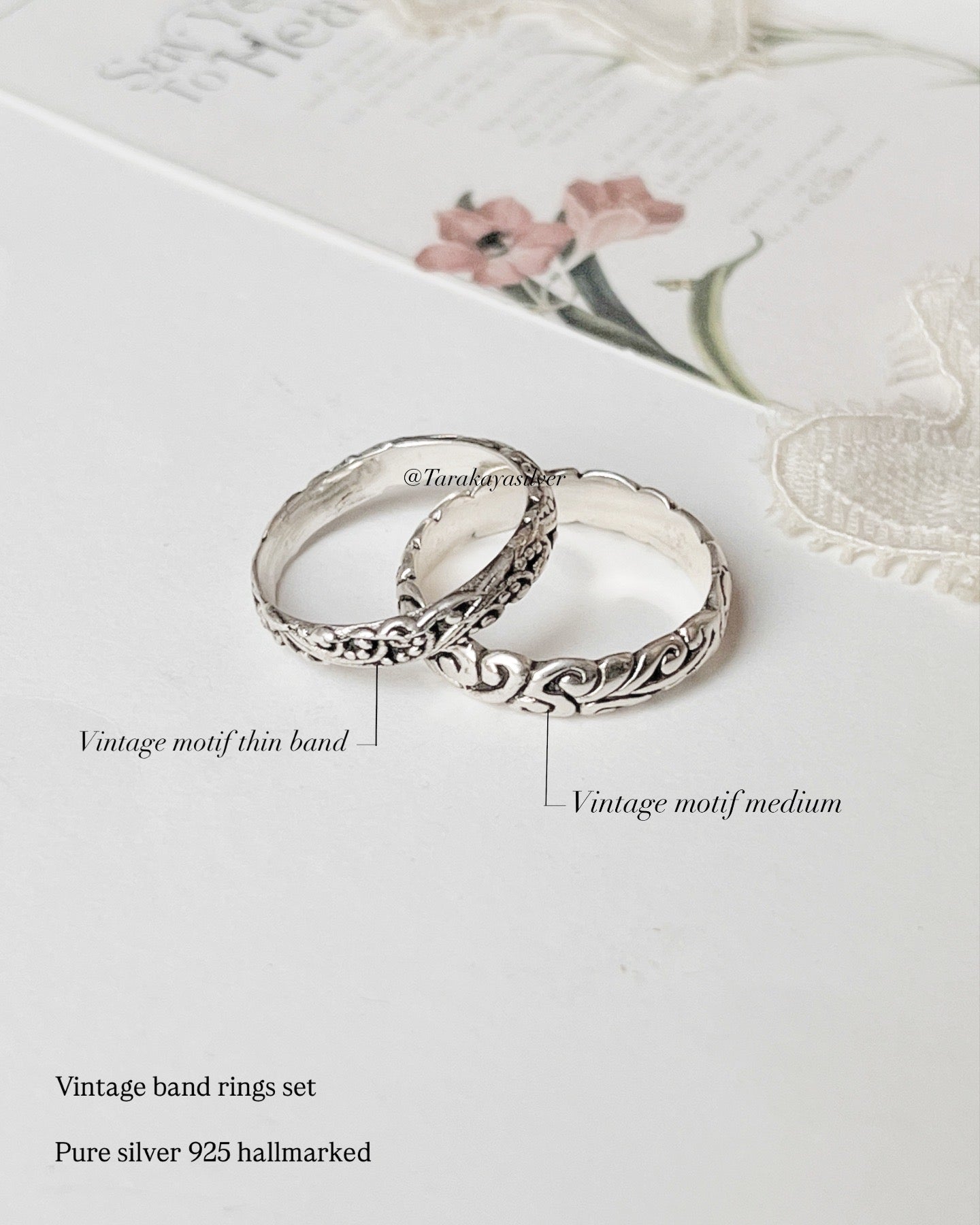 Vintage motif stack set silver ring with thin and medium bands  