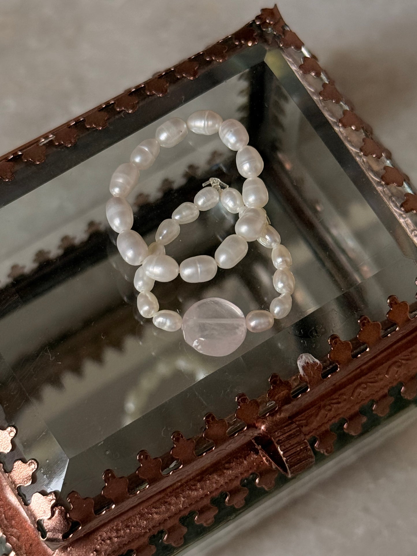 Natural Crystal Stretchy Fresh Water Pearls & Rose Quartz Round Rings