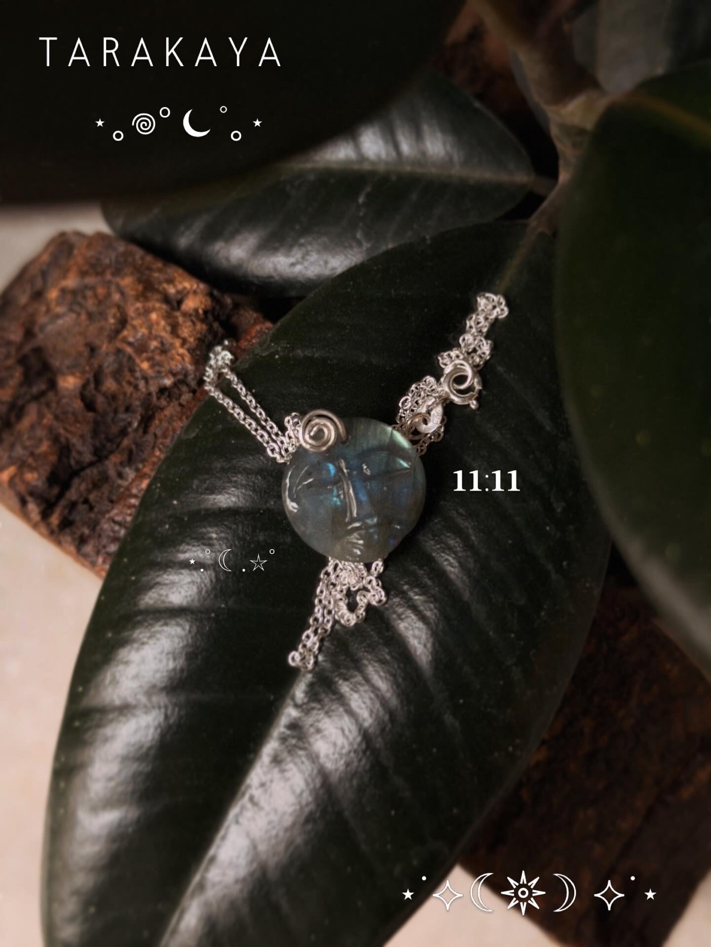 925 Sterling Silver Labradorite Full Moon Face Carved Spiral Handcrafted Necklace