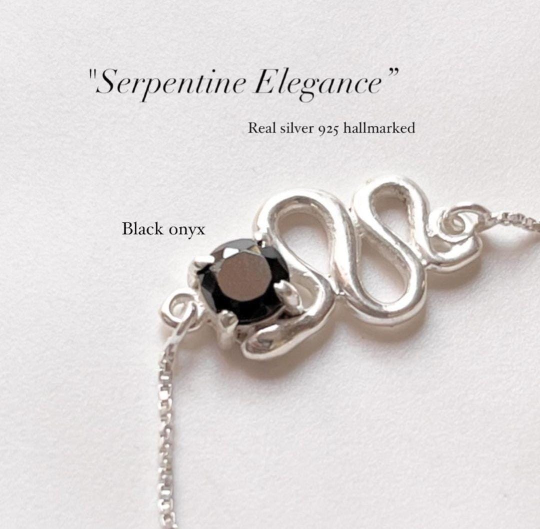 Black Onyx Serpent Minimal Silver Bracelet