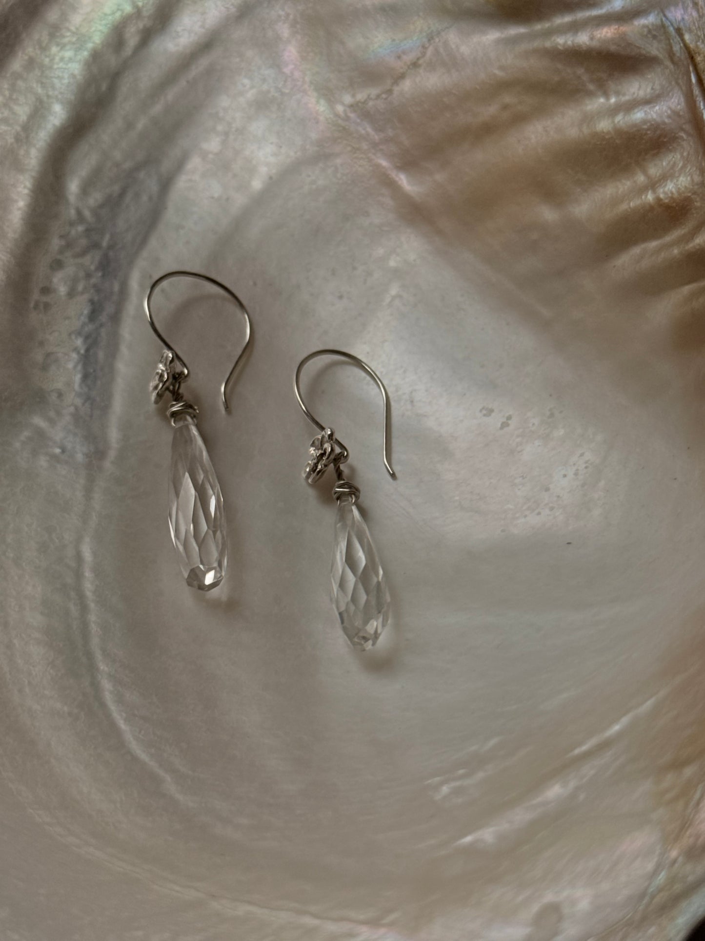 925 Sterling Silver Clear Quartz Drop Carved Charm Silver Floral Hook Handcrafted Earrings