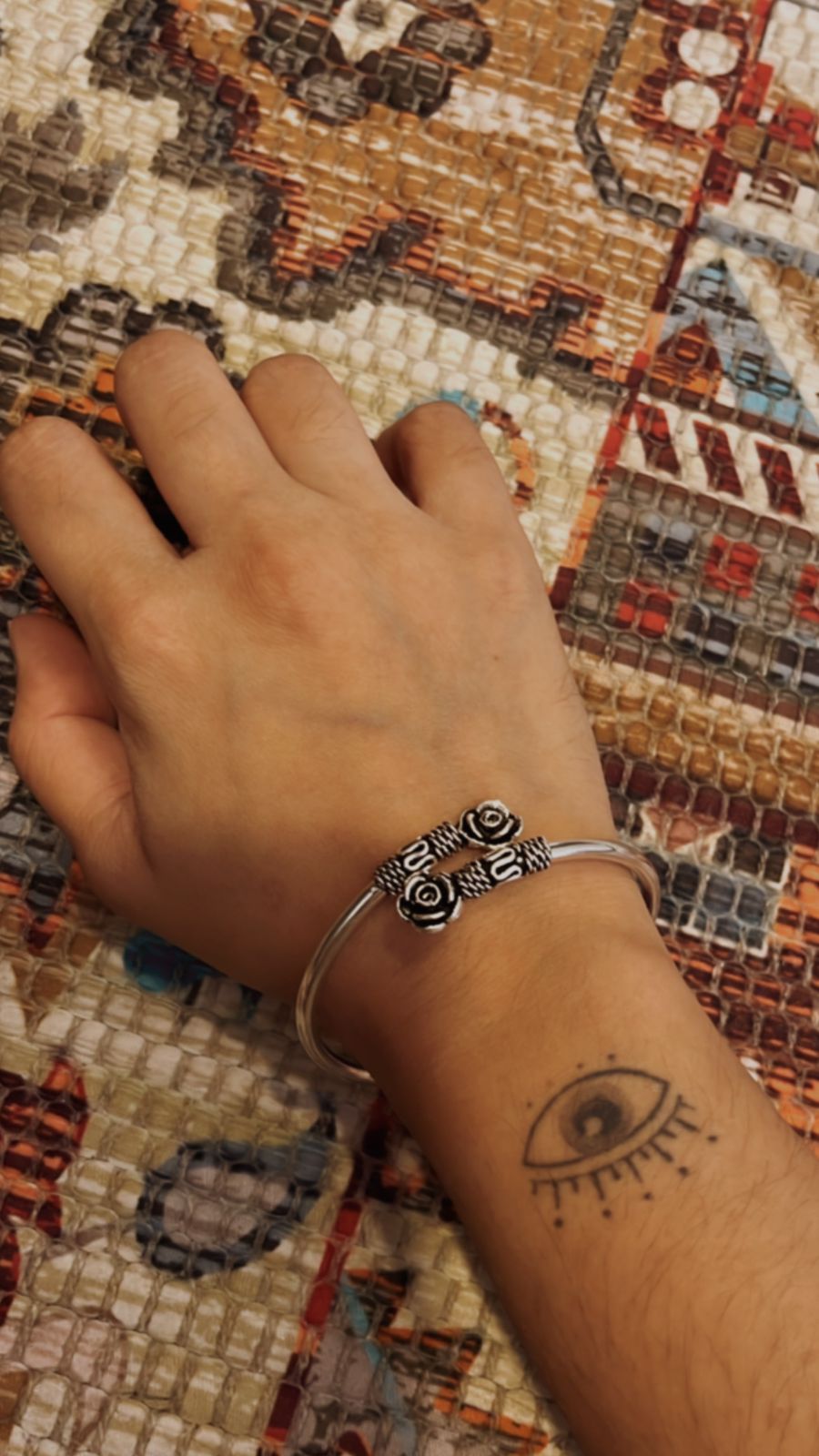 Adjustable Silver Kada with Vintage Rose Pattern