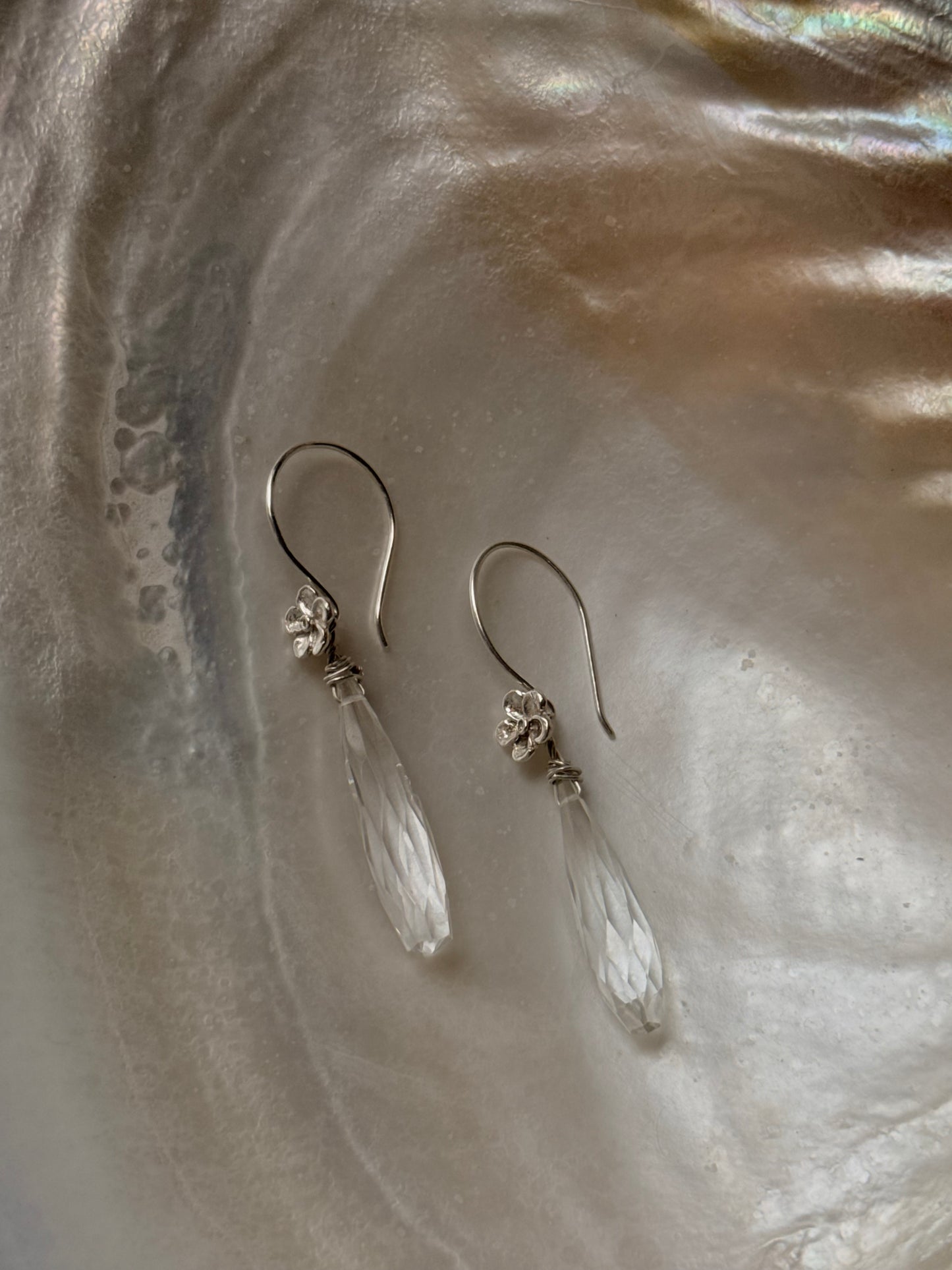 925 Sterling Silver Clear Quartz Drop Carved Charm Silver Floral Hook Handcrafted Earrings