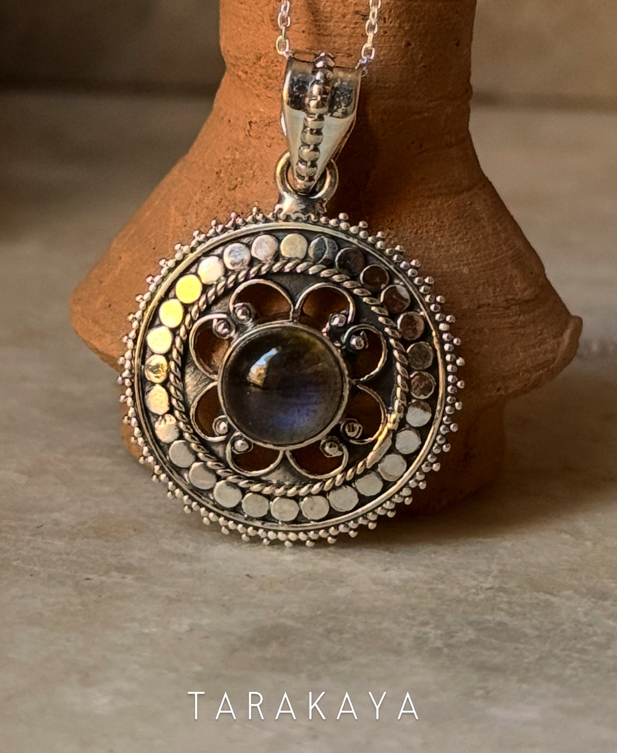 925 Sterling Silver Labradorite Mandala Boho Handcrafted Pendant