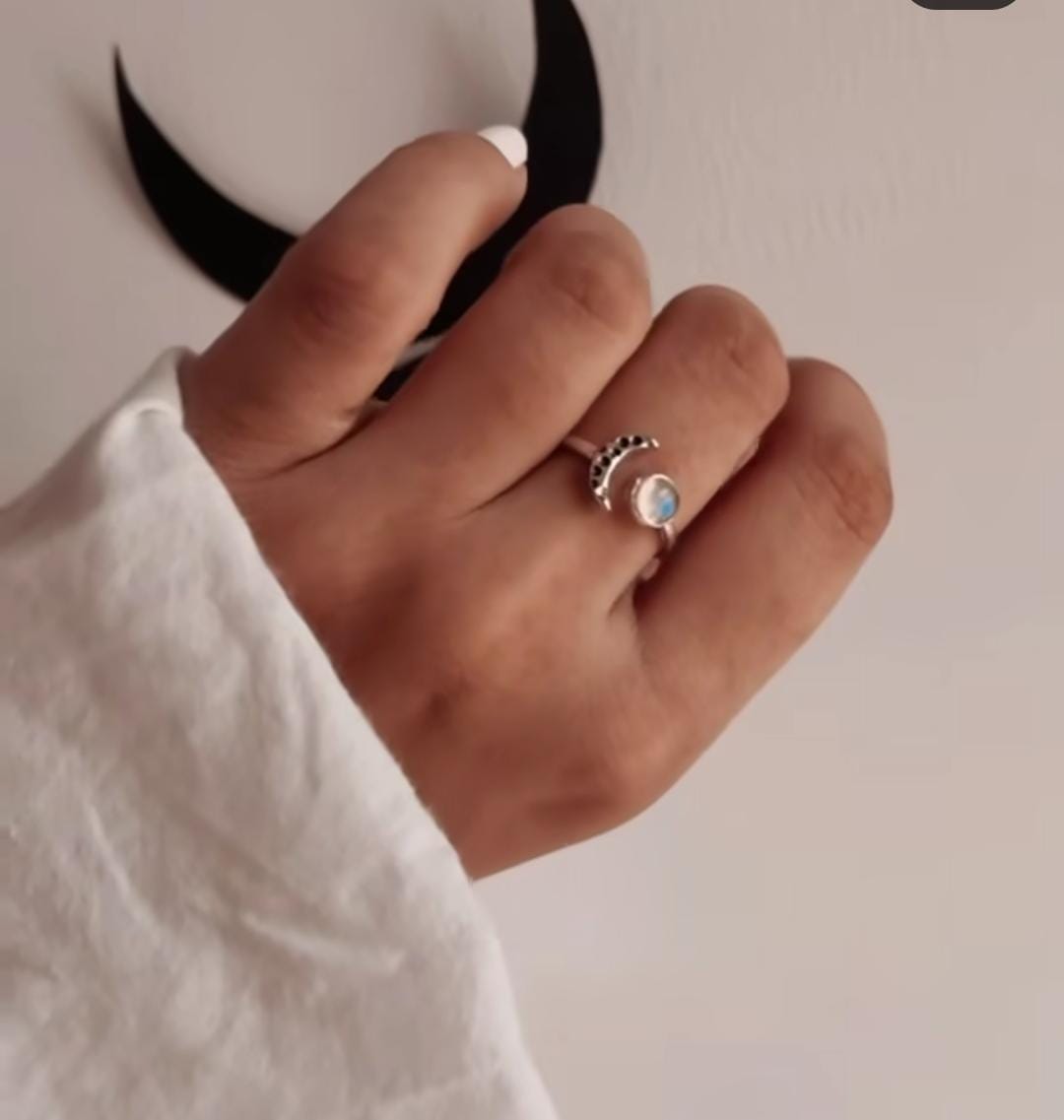 Handcrafted Moonstone Crescent Moon Adjustable Silver Ring
