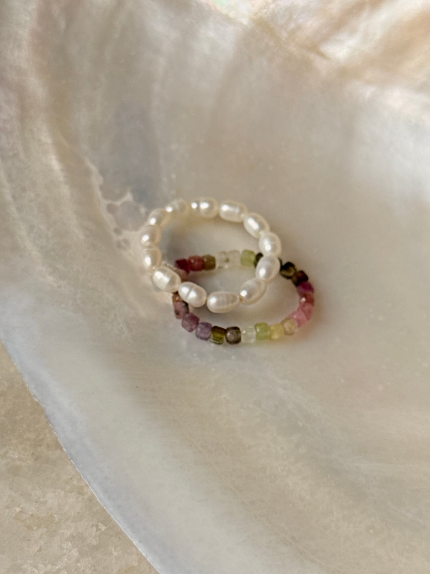 Natural Crystal Stretchy Multi Tourmaline Box & Fresh Water Pearl Rings