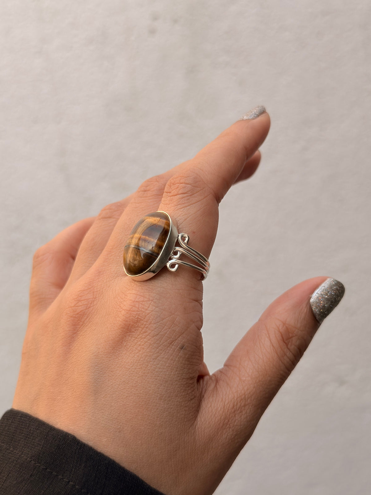 925 Sterling Silver Tiger Eye Oval Boho Statement Ring