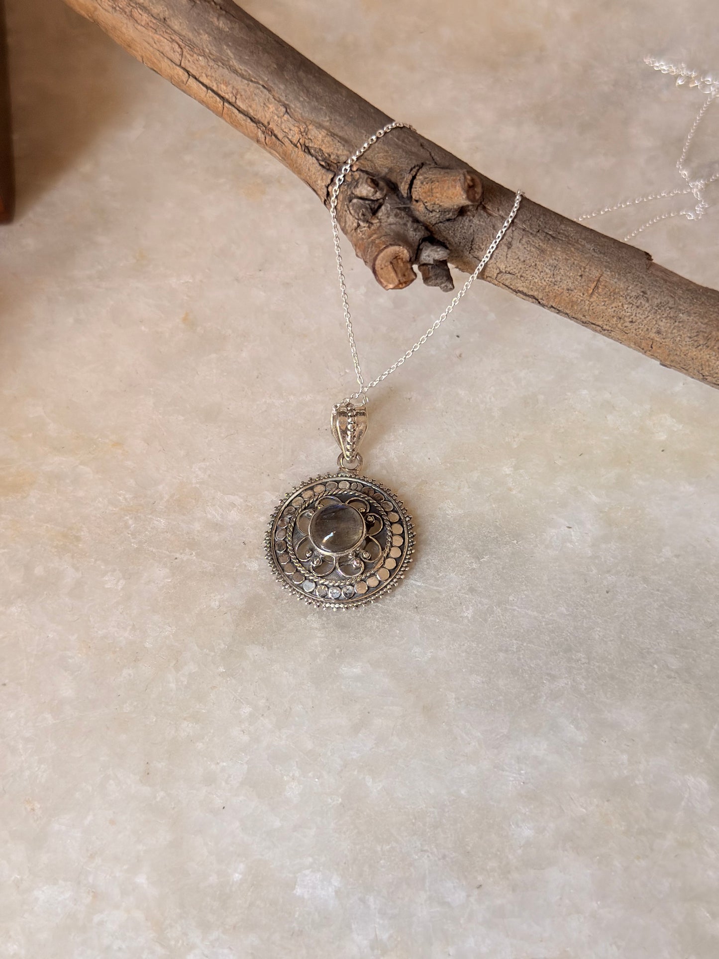 925 Sterling Silver Labradorite Mandala Boho Handcrafted Pendant