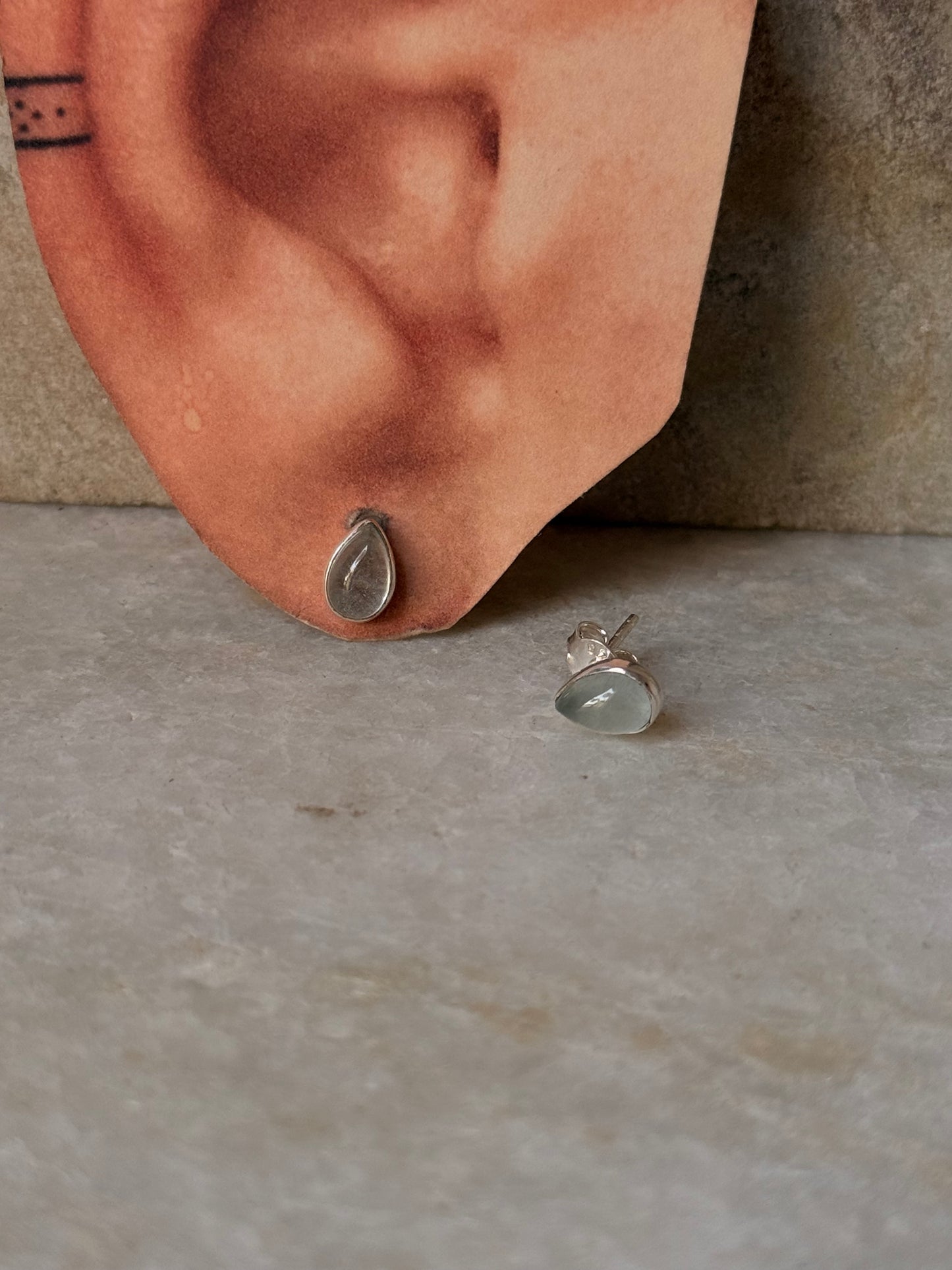 925 Sterling Silver Aquamarine Small Pear Cab Studs Earrings