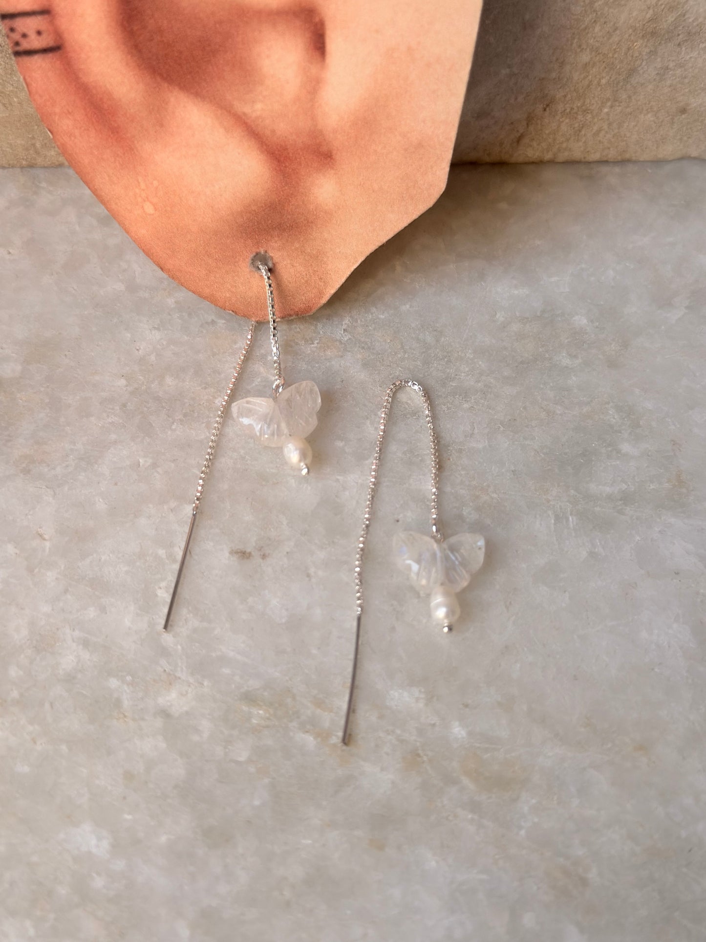 925 Sterling Silver Moonstone Butterfly & Pearls Sui Dhaga Earrings