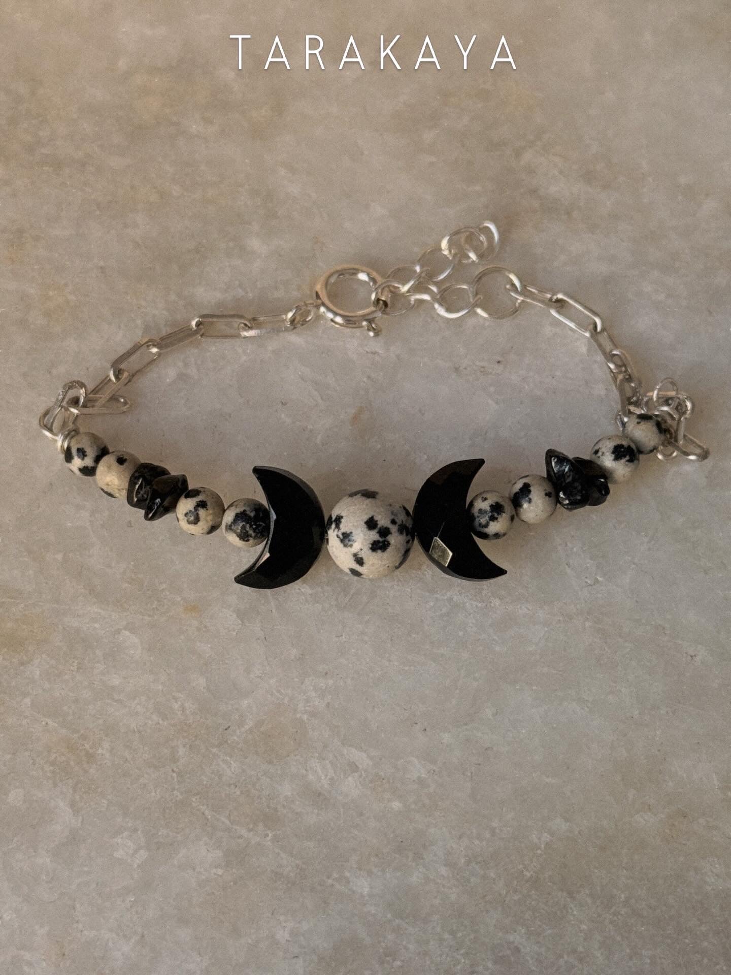 925 Sterling Silver Triple Goddess -Dalmatian Jasper, Black Onyx Moon & Black Tourmaline Chips Crystal Handcrafted Bracelet