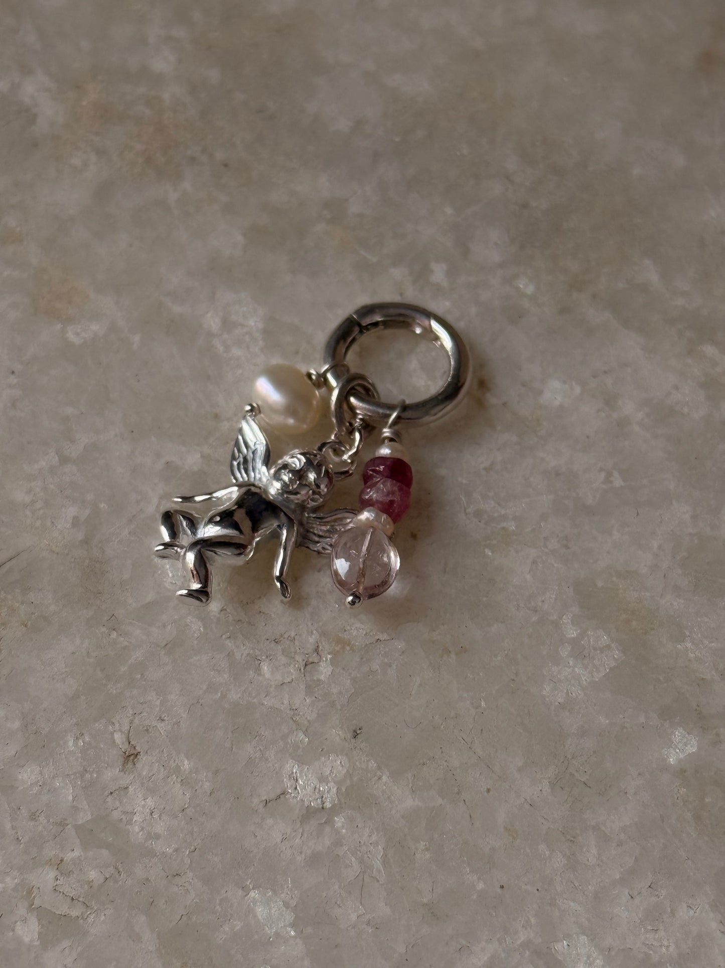 925 Sterling Silver Cherub Angel charm with clear quartz heart and pearl, chain not included.