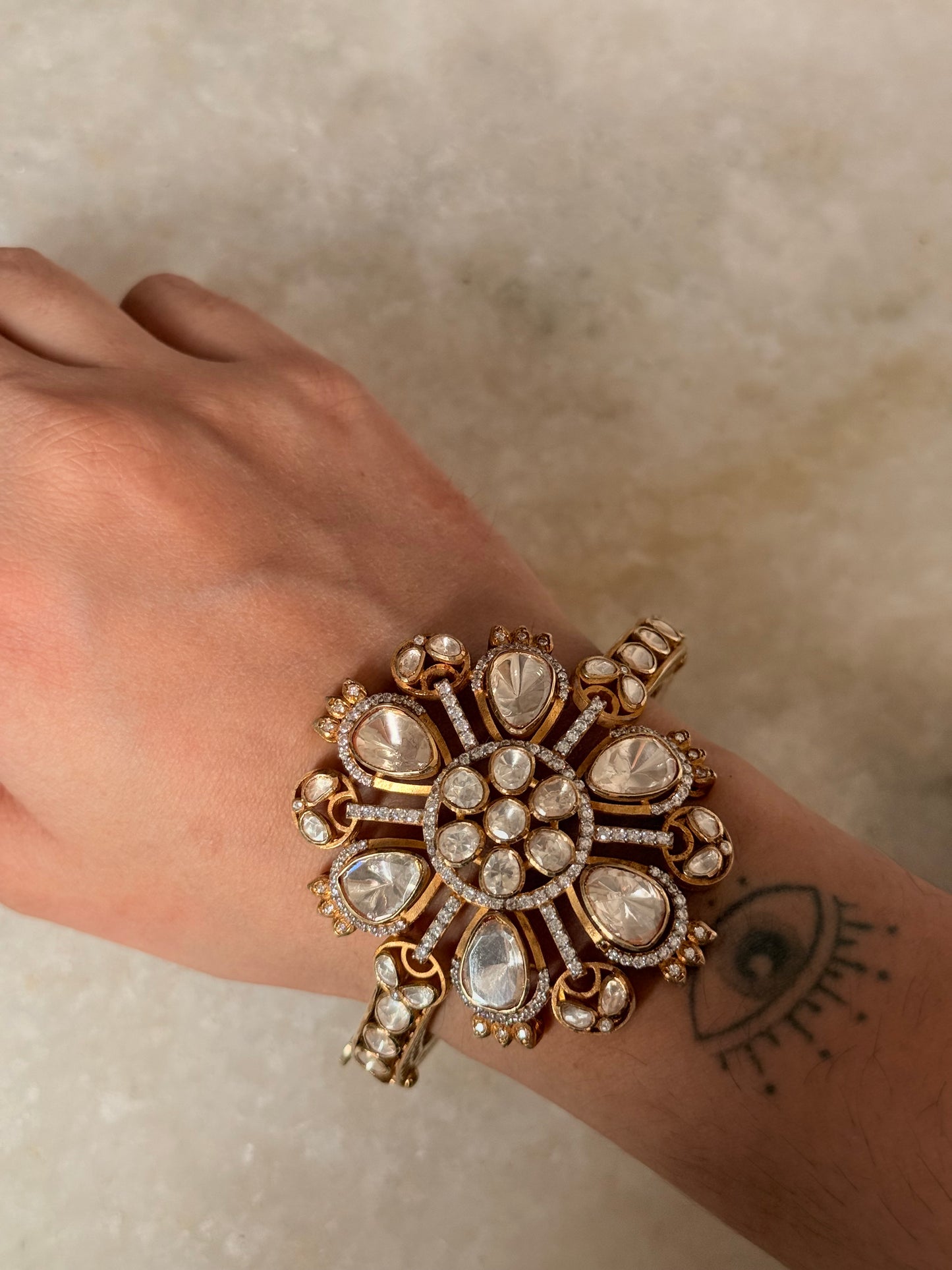 925 Sterling Silver Gold Plated Antique Moissanite Polki Statement Cuff Bracelet