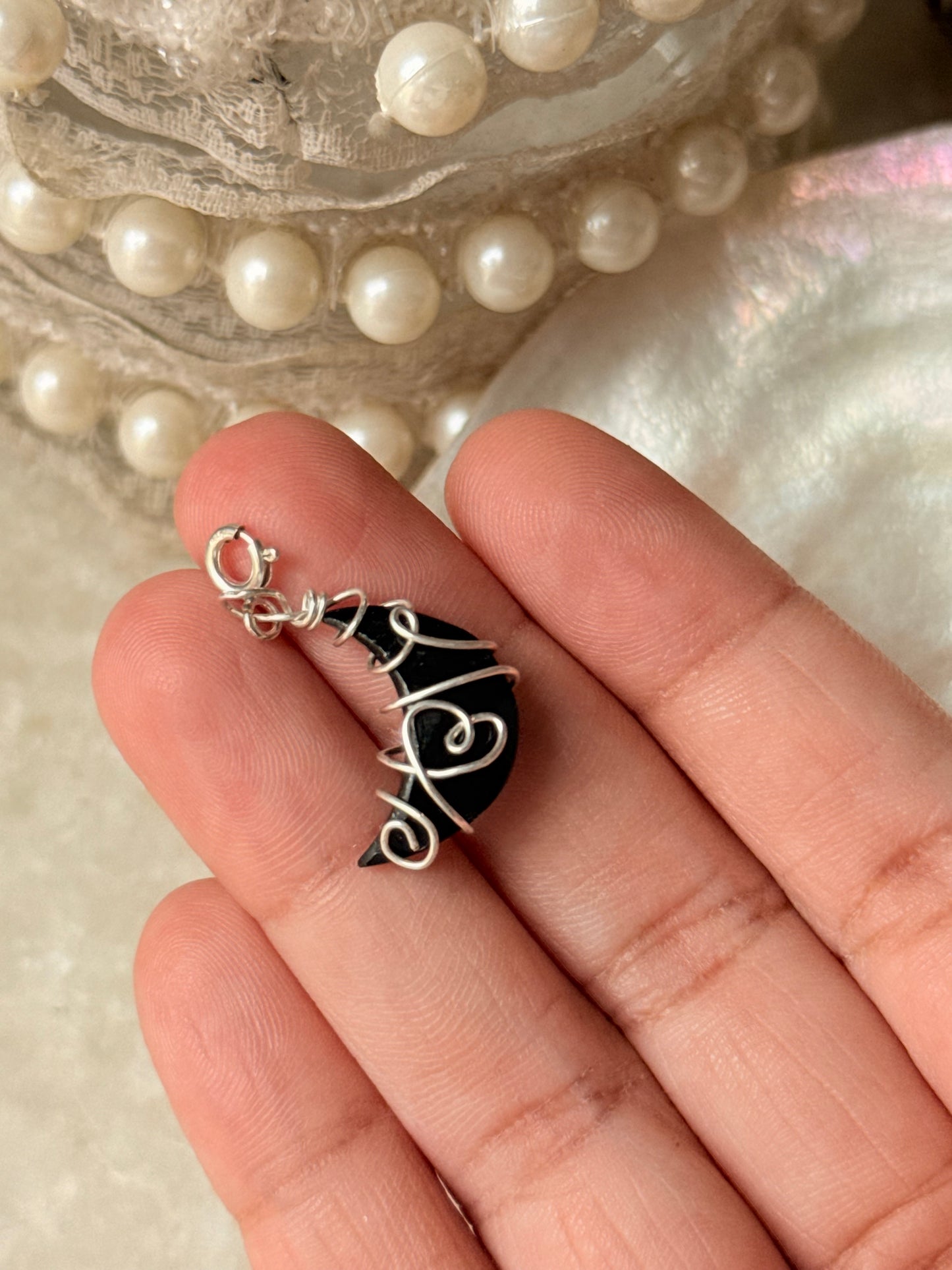 925 Sterling Silver Black Onyx Moon Wire Wrapped Handcrafted Pendant