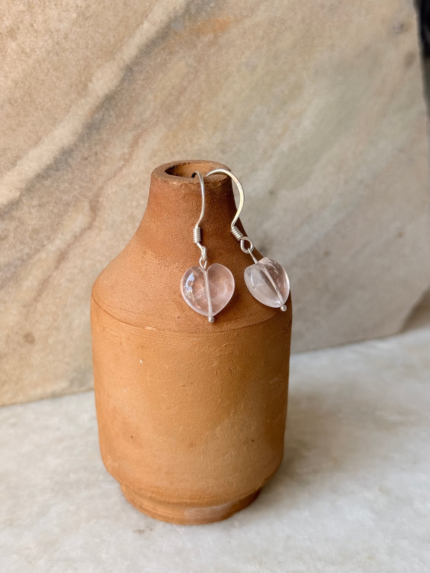 925 Sterling Silver Rose Quartz Heart Crystal Hook Earrings
