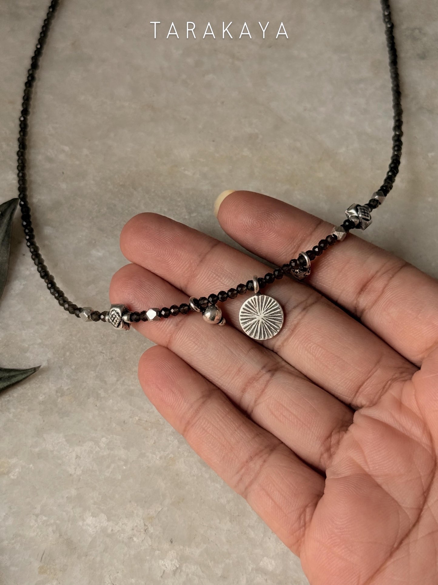 925 Sterling Silver Smokey Quartz 2mm & Hill Tribe Coin Charm & Silver Beads Handcrafted Necklace