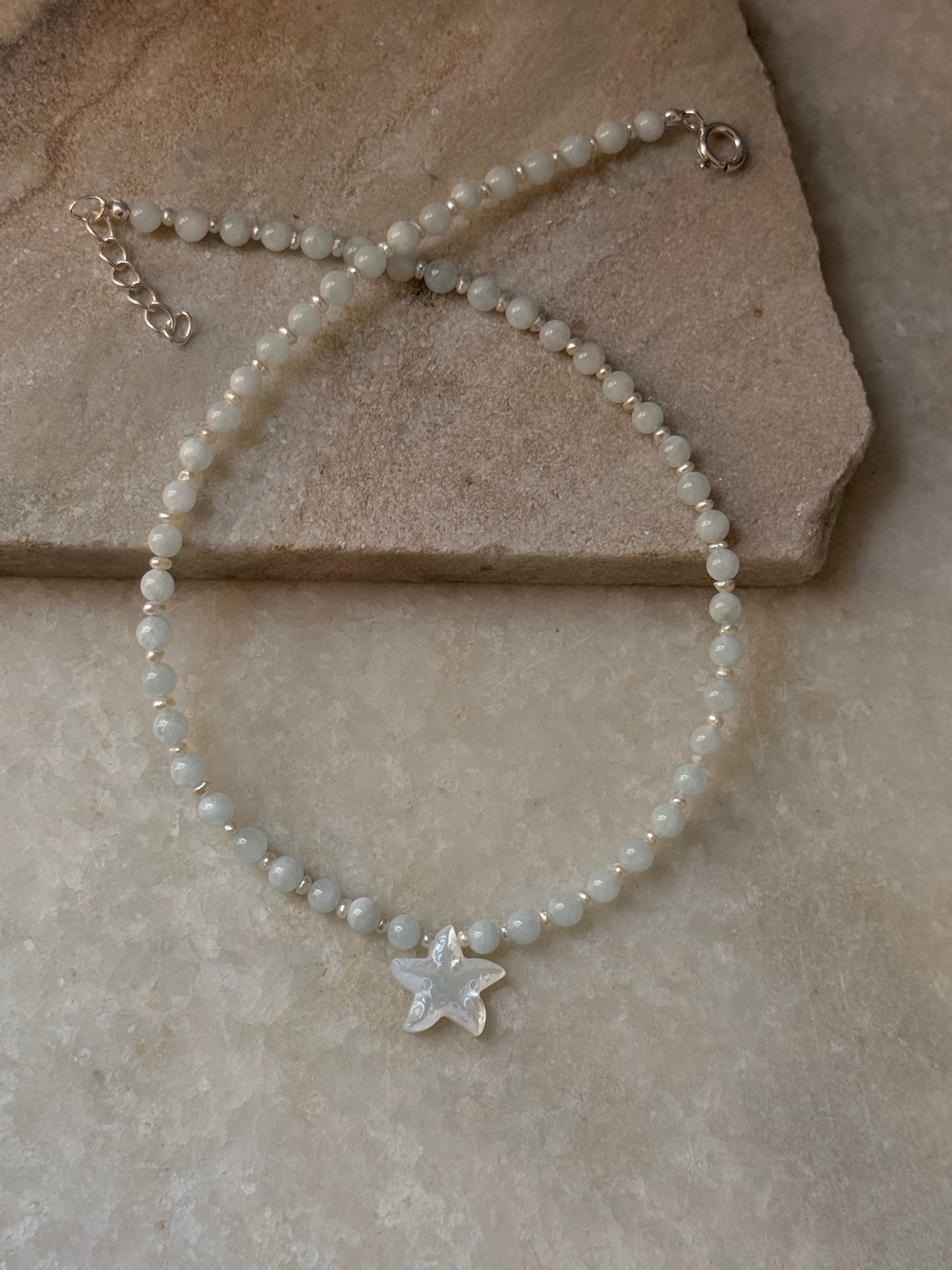 Natural Aquamarine, Shiny Pearls & Mother of Pearl Starfish 925 Sterling Silver Necklace