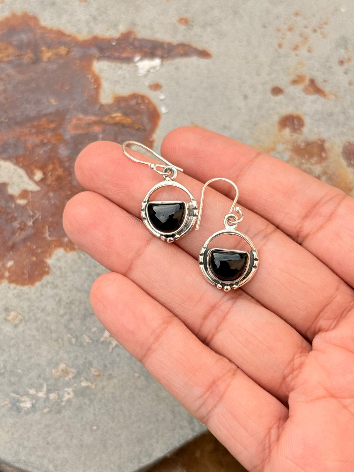 925 Sterling Silver Black Onyx Half Round Rustic Contemporary Style Hook Earrings