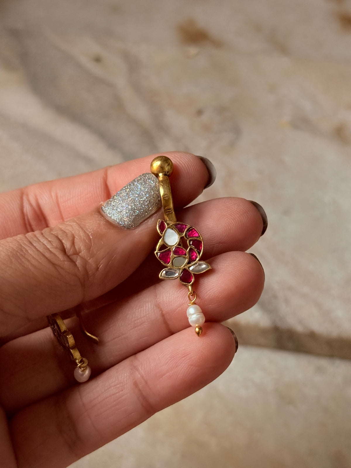 925 Sterling Silver Gold Plated Pink White Stone Kundan Polki & Fresh Water Pearls Charm Bugadi Ear Cuff