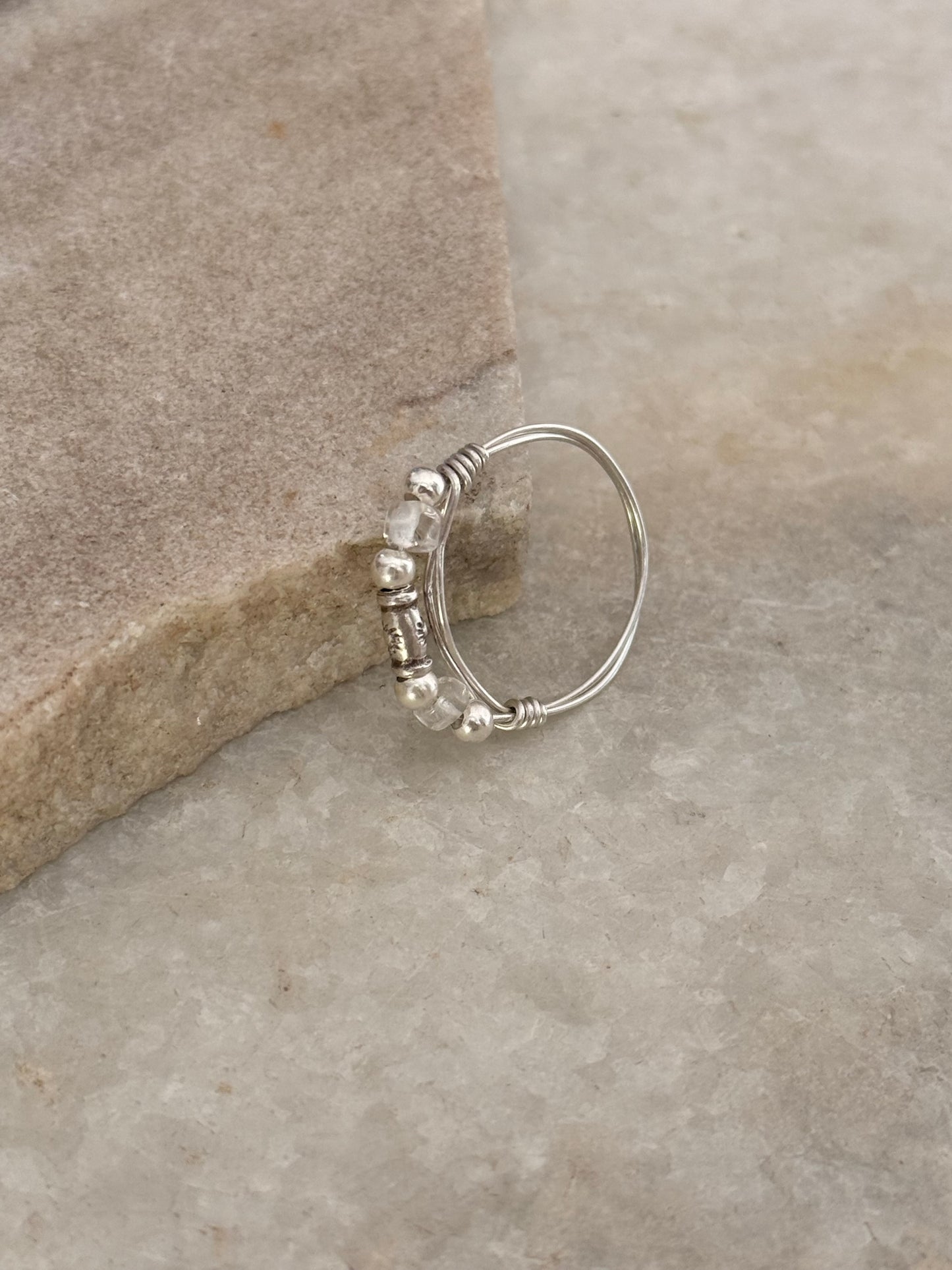 925 Sterling Silver Clear Quartz Sun Engraved Silver Bead Wire Wrapped Handcrafted Ring