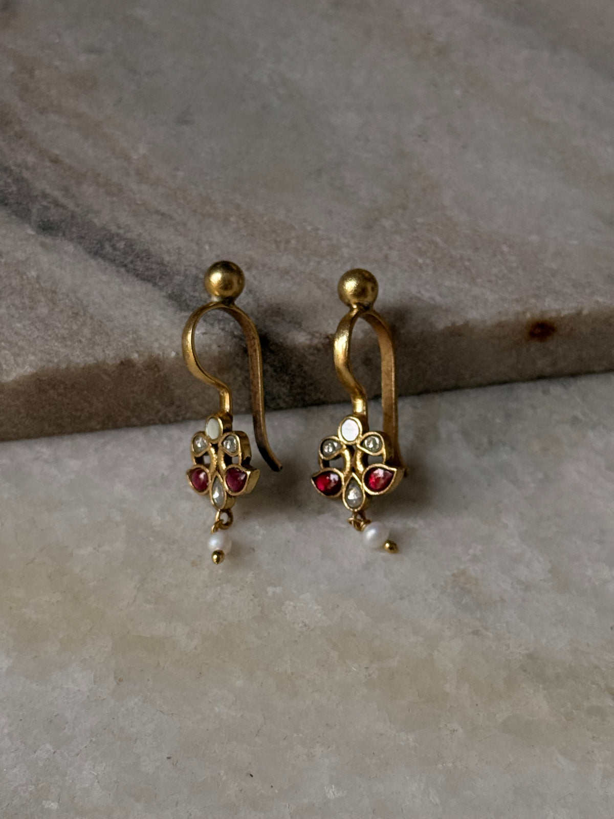 925 Sterling Silver Gold Plated Pink White Stone Kundan Polki & Fresh Water Pearls Charm Bugadi Ear Cuff