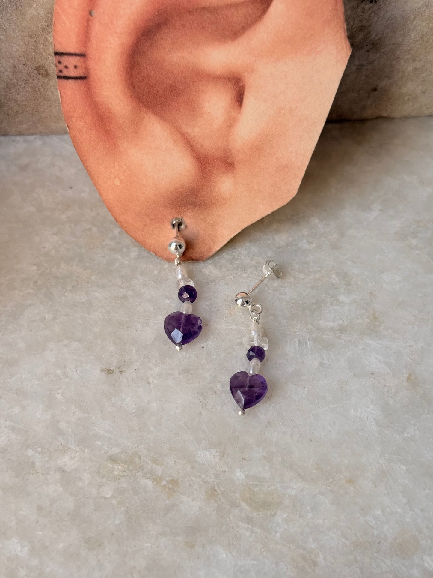 925 Sterling Silver Amethyst Heart, Clear Quartz & Pearl Stud Earrings