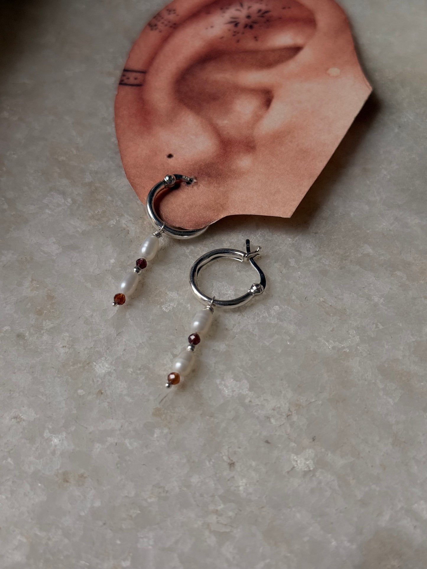 925 Sterling Silver Hessonite 2mm Fresh Water Pearl Hoops Earrings