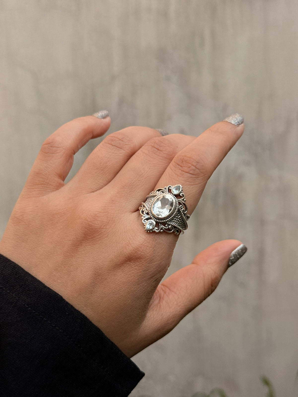 925 Sterling Silver Clear Quartz Blue Topaz Vintage Style Statement Ring