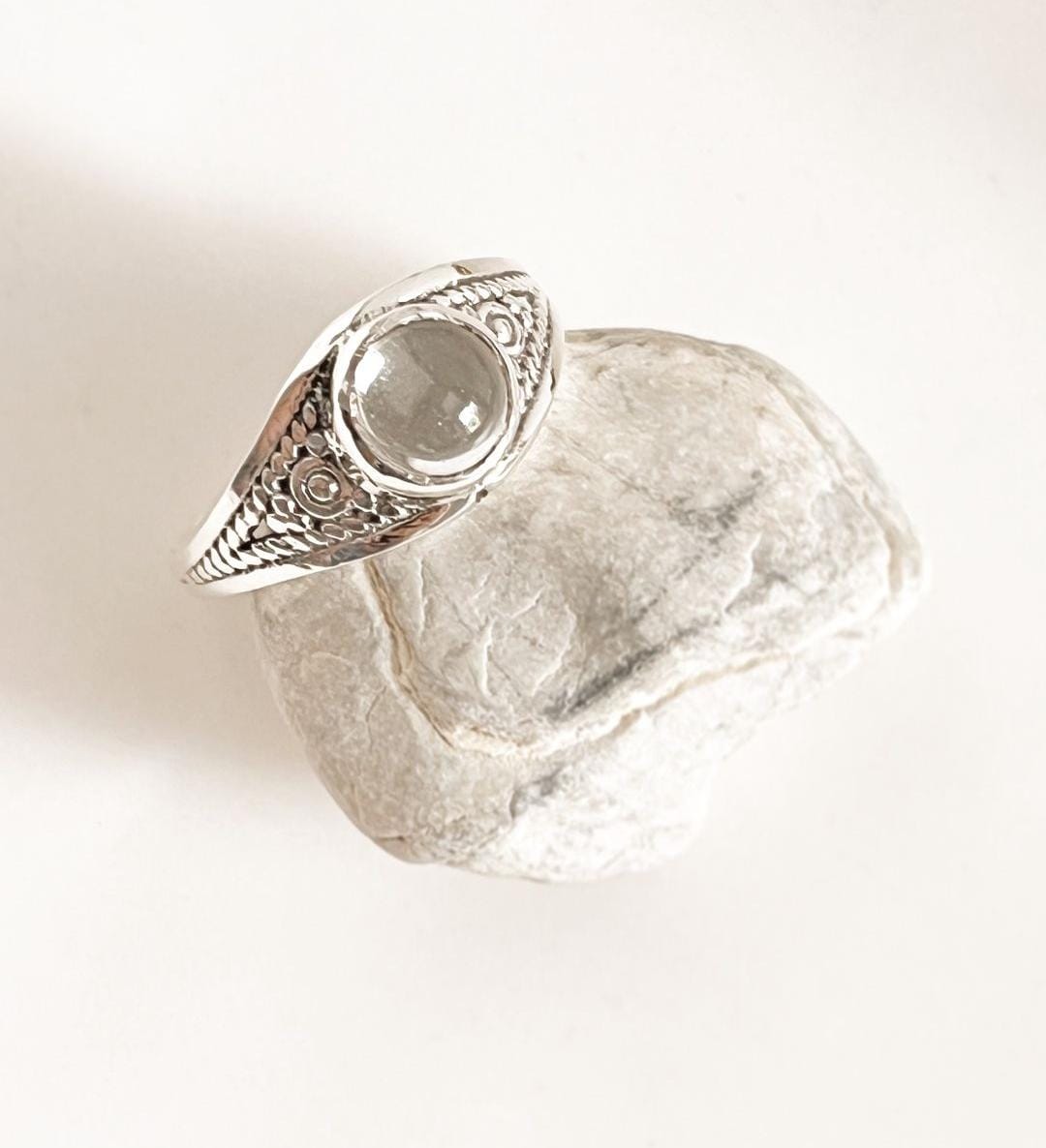 Clear quartz round boho silver ring with intricate detailing