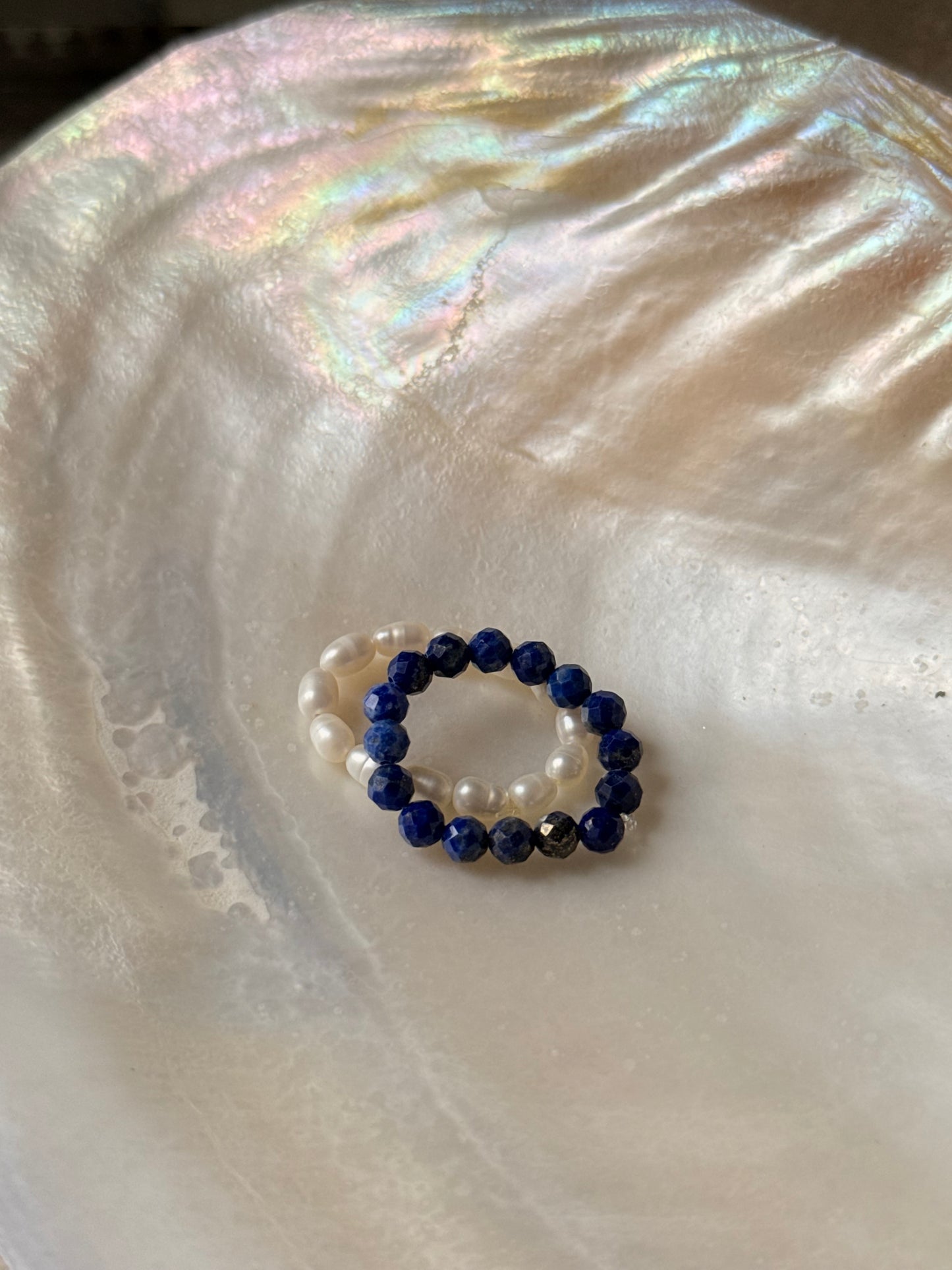 Natural Crystal Stretchy Lapis Lazuli 3-4mm & Fresh Water Pearl Rings