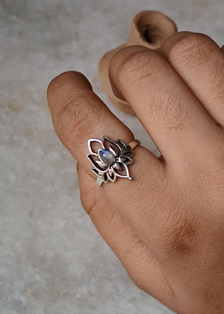 925 Sterling Silver Moonstone Big Divine Lotus Ring