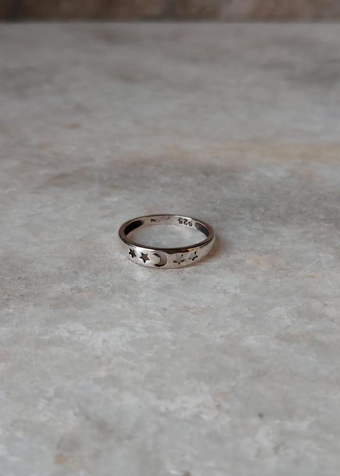 925 Sterling Silver Star Moon Engraved Ring