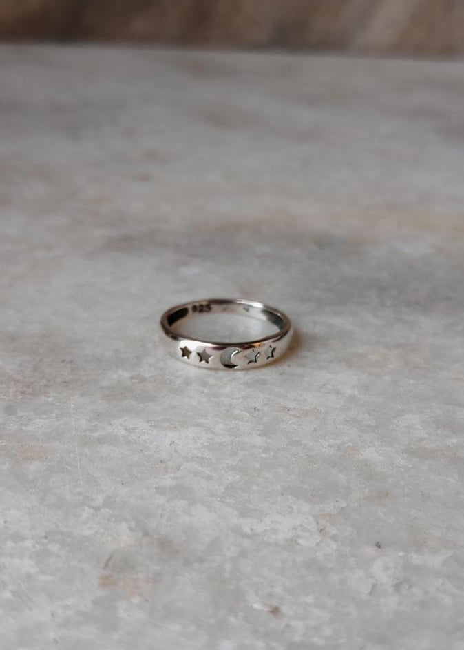 925 Sterling Silver Star Moon Engraved Ring