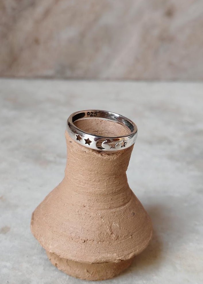 925 Sterling Silver Star Moon Engraved Ring