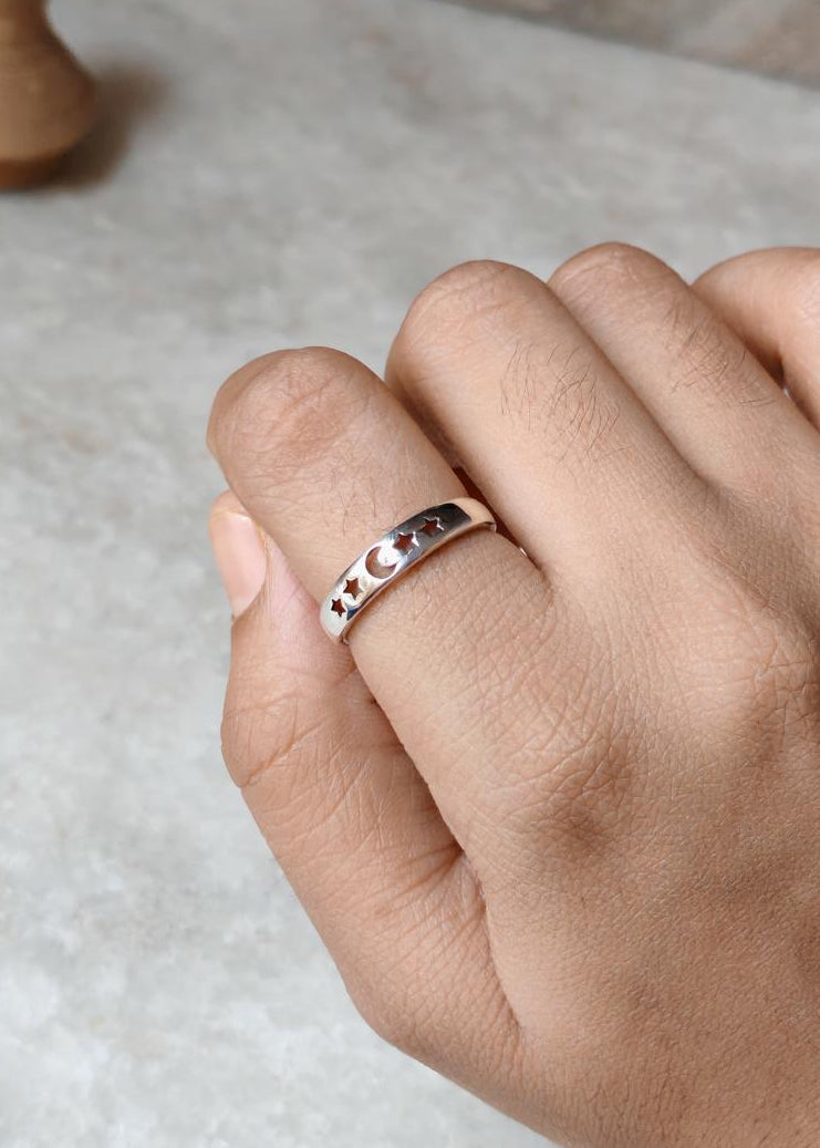 925 Sterling Silver Star Moon Engraved Ring