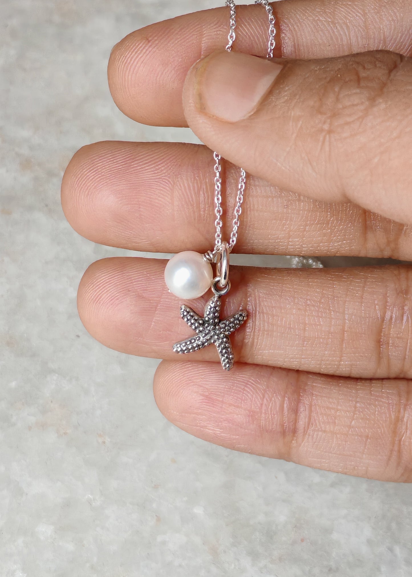 925 Sterling Silver Fresh Water Pearls Starfish Handcrafted Necklace