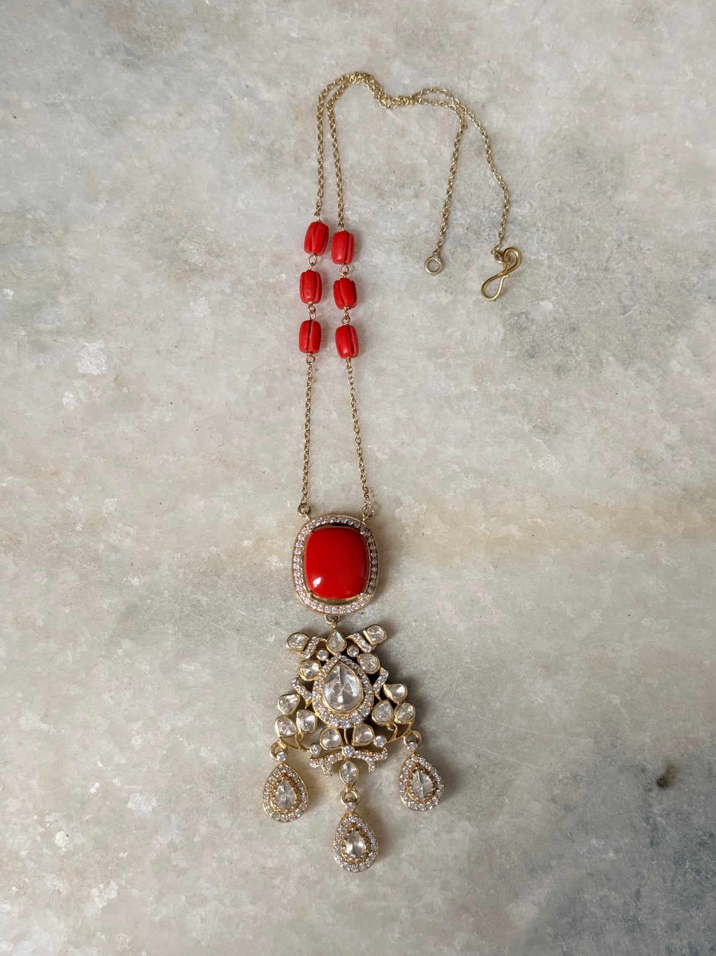 925 Sterling Silver Gold Plated Coral Antique Moissanite Polki Gold Necklace 