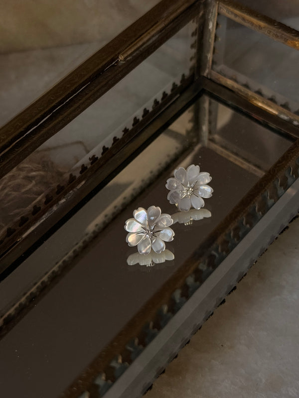 925 Sterling Silver Mother of Pearl Flower Carved , White Topaz North Star Studs - 2 in 1