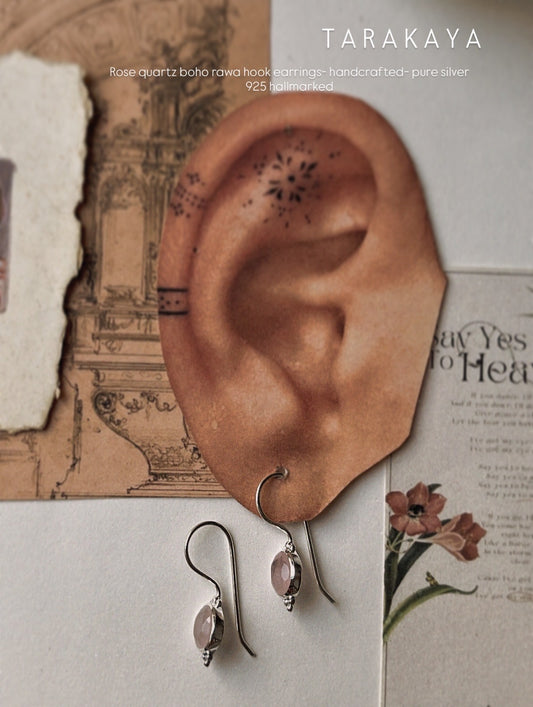 Rose Quartz Rawa Boho Hook 925 Sterling Silver Earrings