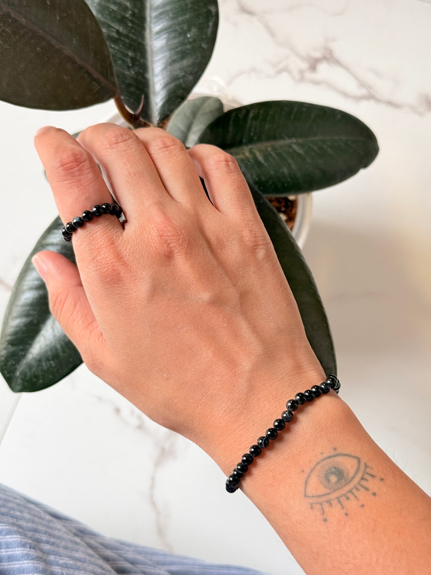 Natural Crystal Sulemani Hakik - Evil Eye 4MM Stretchy Rings & Bracelet