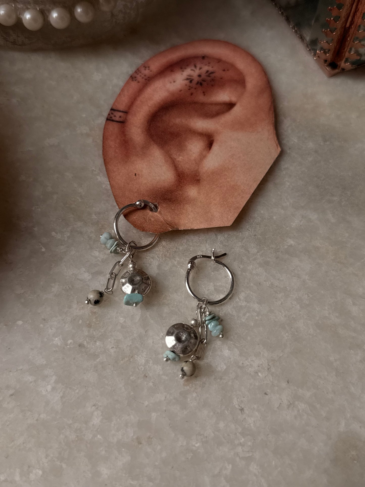 925 Sterling Silver Larimar , Turquoise , Dalmatian Jasper With Paper Clip Chain, Handcrafted Rustic Hoops Earrings